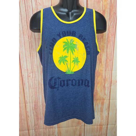 Corona Mens Graphic Tank Top Find Your Beach Design Navy Yellow Trim Size Large - Picture 1 of 6
